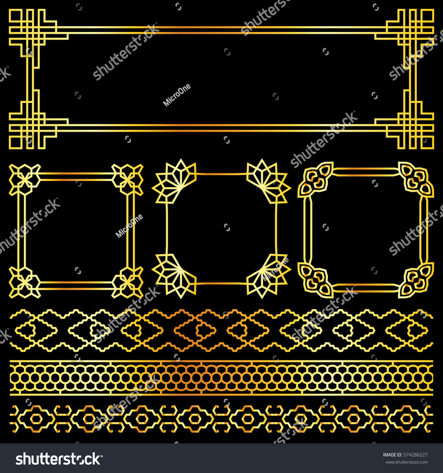 Golden vector asian, korean, chinese, japanese retro frames. Illuustration of golden decor #574286227