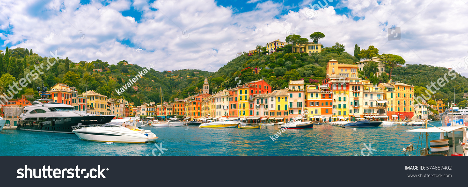 Panoramic view of picturesque harbour of Portofino fishing village on the Italian Riviera, Liguria, Italy. #574657402