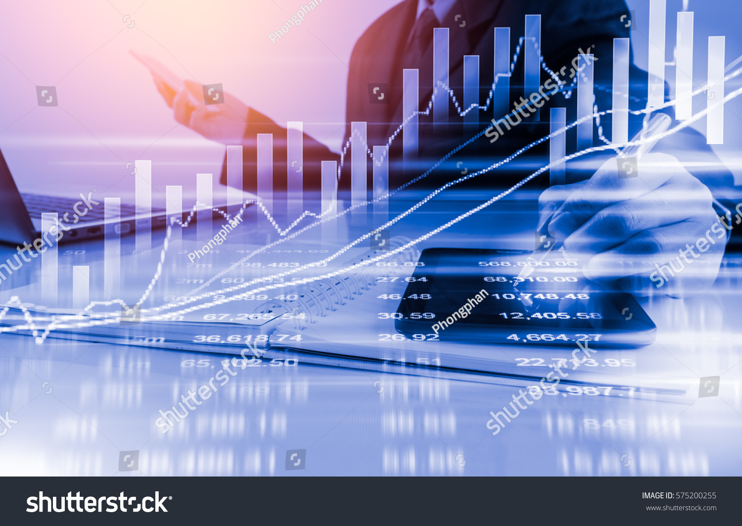 Double exposure businessman and stock market or forex graph suitable for financial investment concept. Economy trends background for business idea and all art work design. Abstract finance background. #575200255