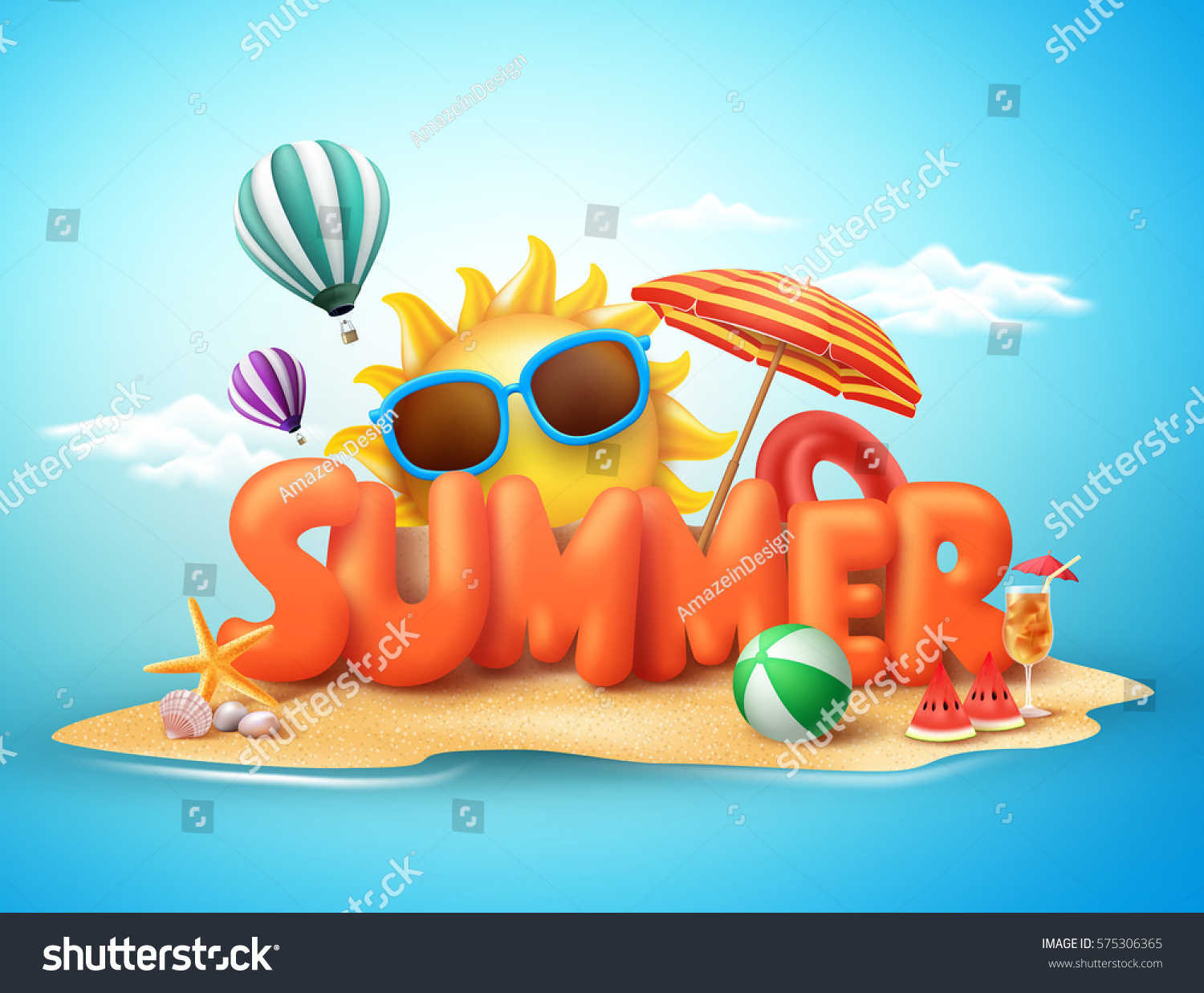 Summer vector banner design concept of 3d text in beach island with summer elements and balloons in blue sky background. Vector illustration. #575306365