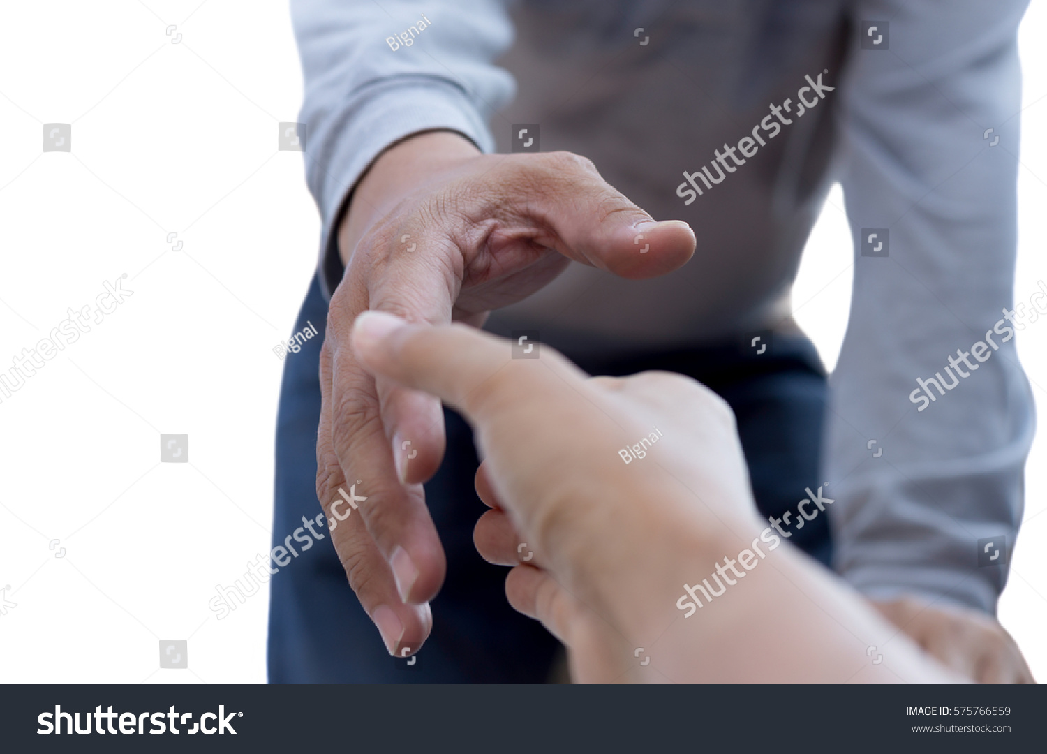 Help concept man hand reaching to help other isolated in white background #575766559