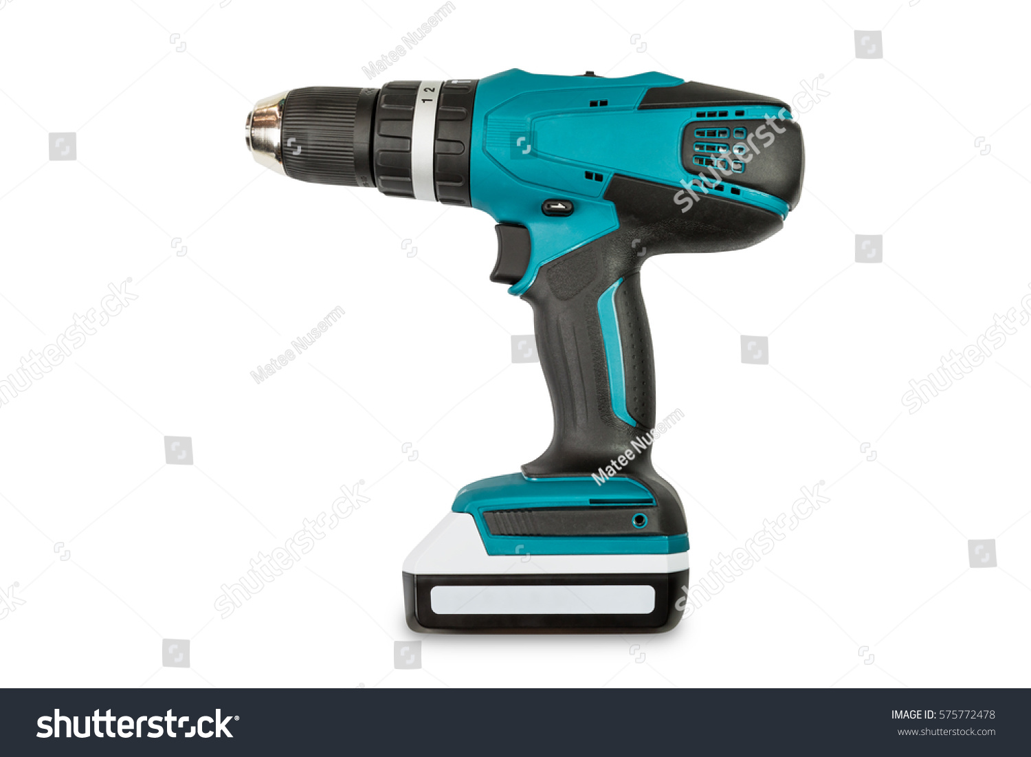 Teal color cordless combi drill, can be used as normal drill, impact drill and screw driver, isolated on white background with clipping path #575772478
