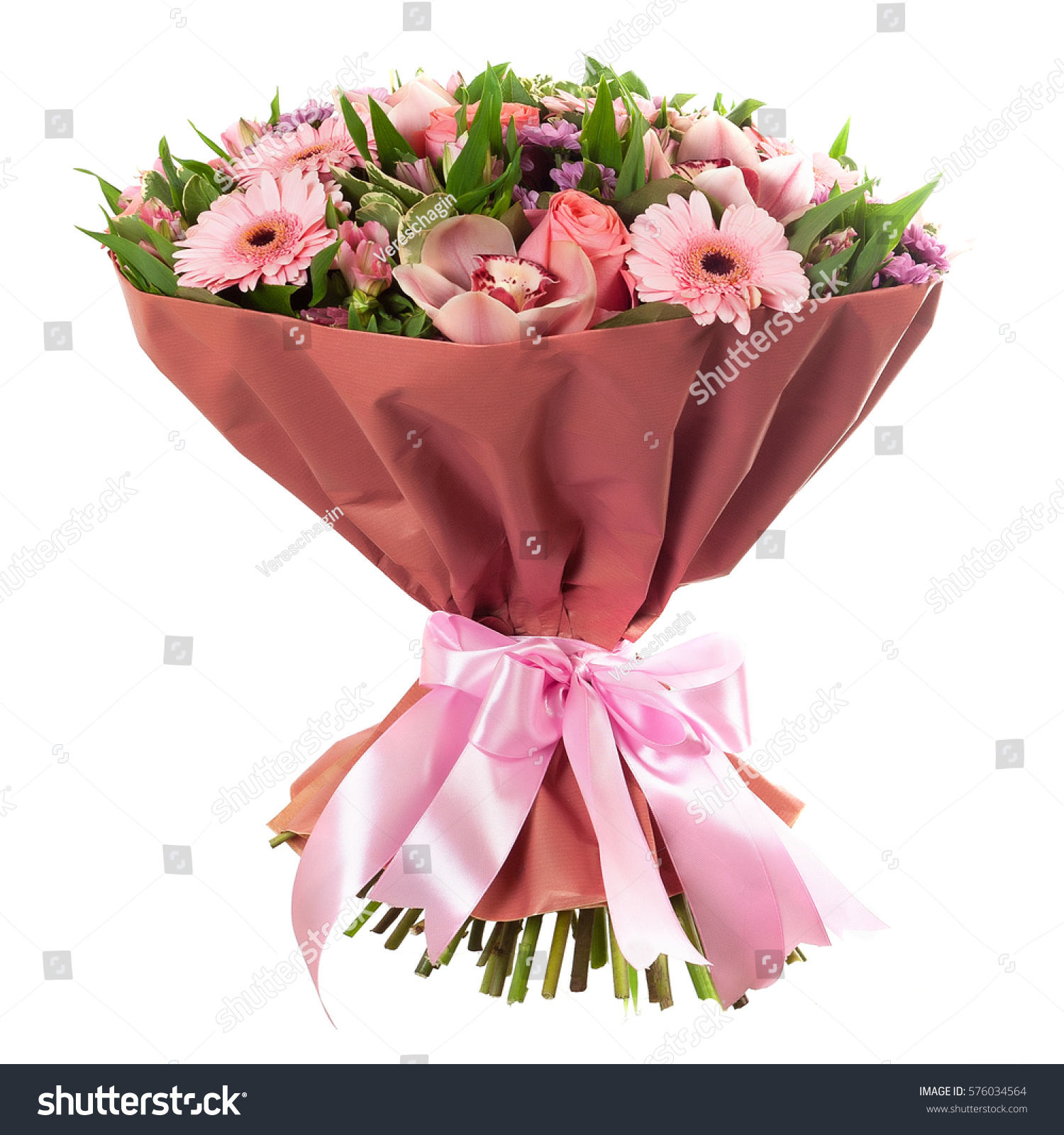 Fresh, lush bouquet of colorful flowers, isolated on white background #576034564
