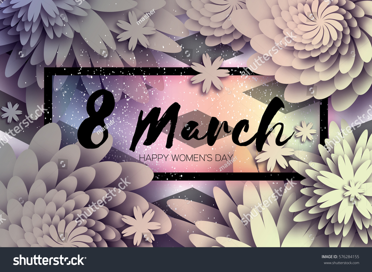 8 March. Happy Mother's Day. Grey Paper cut Floral Greeting card. Origami flower holiday background. Rectangle Frame, space for text. Happy Women's Day. Trendy Design Template. Vector illustration #576284155