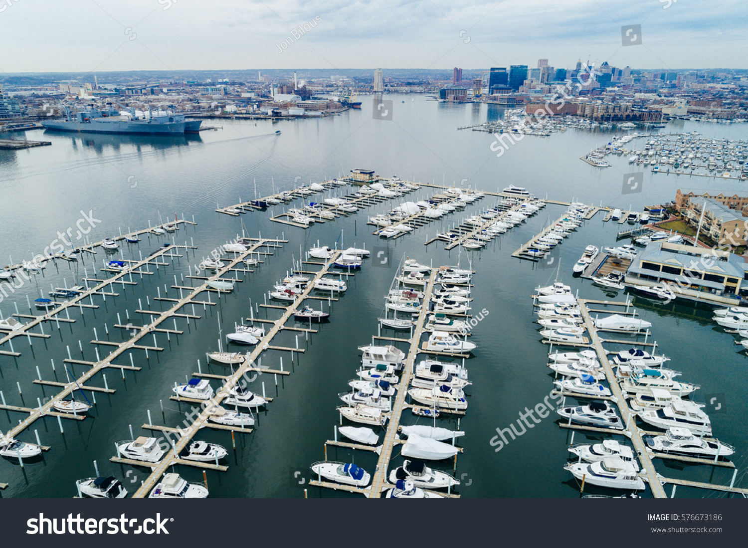 Aerial view of a marina on the Canton waterfront, in Baltimore, Maryland. #576673186
