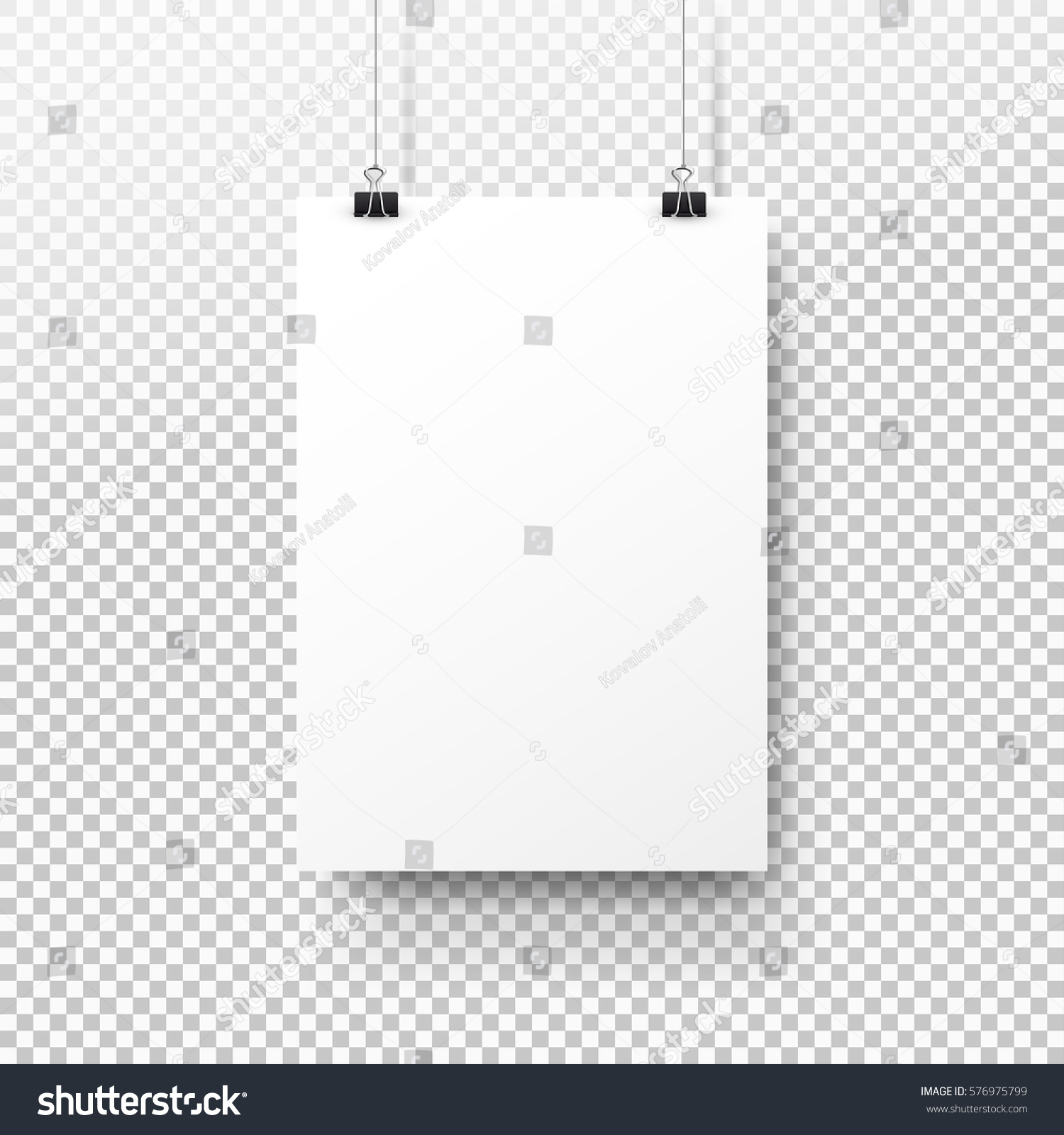 White poster hanging on binder. Transparent background with mock up empty paper blank. Layout mockup. Vertical template sheet #576975799