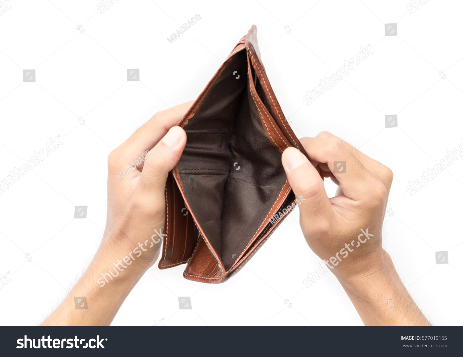 Man hand open an empty wallet on white background #577019155