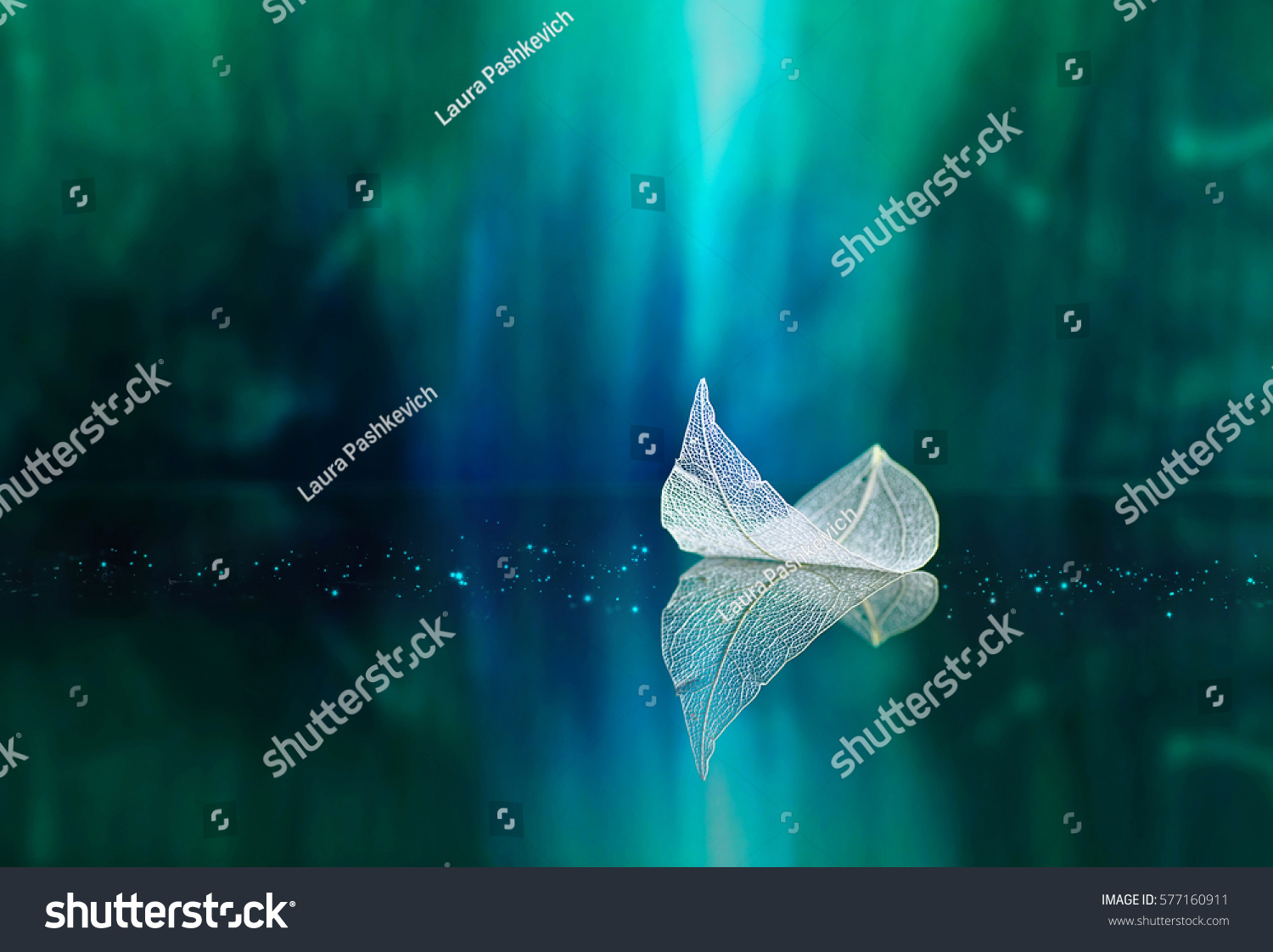 White transparent leaf on mirror surface with reflection on green background macro. Abstract artistic image of ship in waters of lake. Template Border natural dreamy artistic image for traveling #577160911