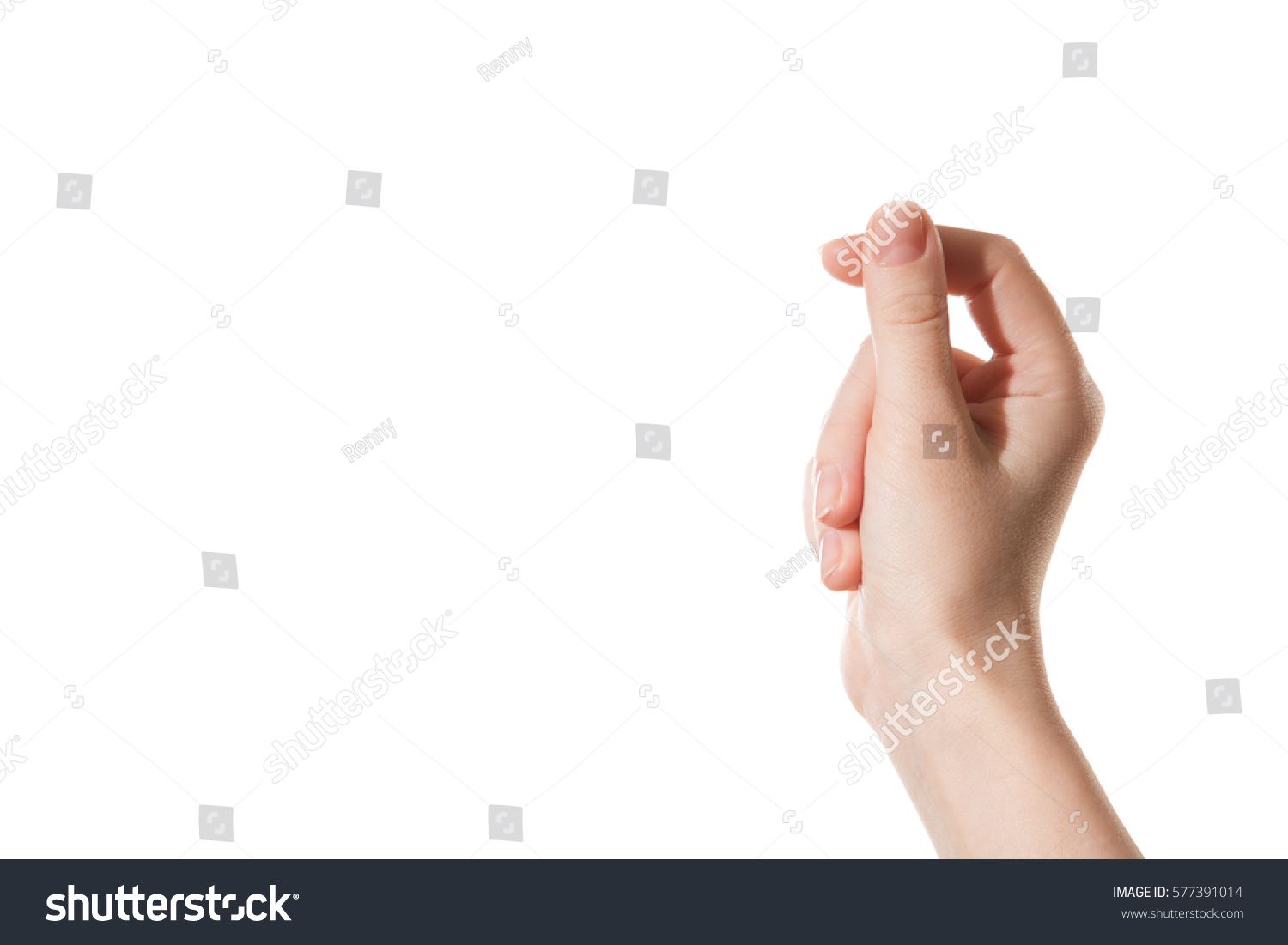 Female hand holding a virtual card with your fingers on a white background #577391014