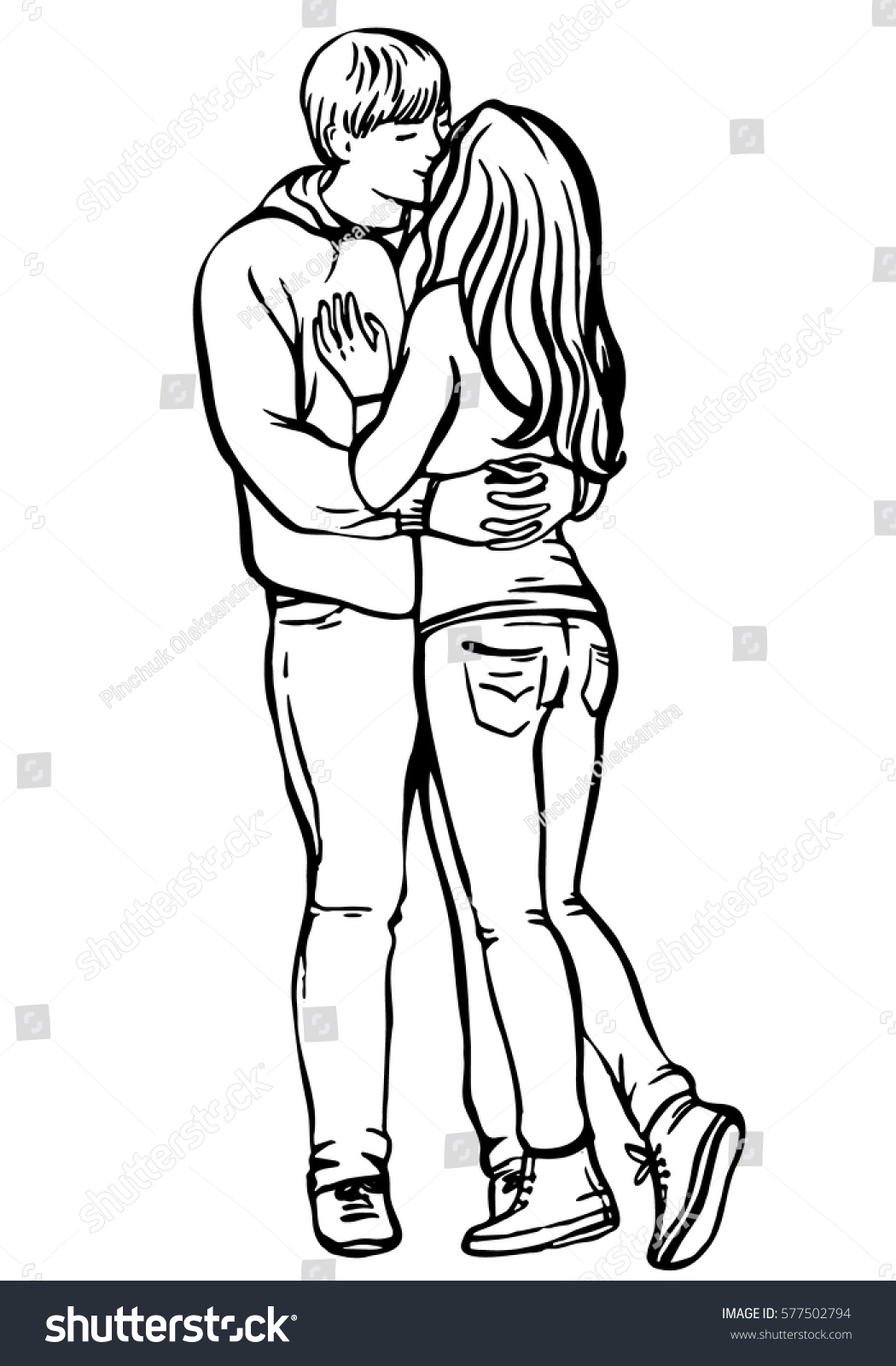 Young couple in love.Sensual sketch portrait of young stylish couple. Embraces of a loving couple, couple hugging and flirting, kissing. Hand drawn illustration.