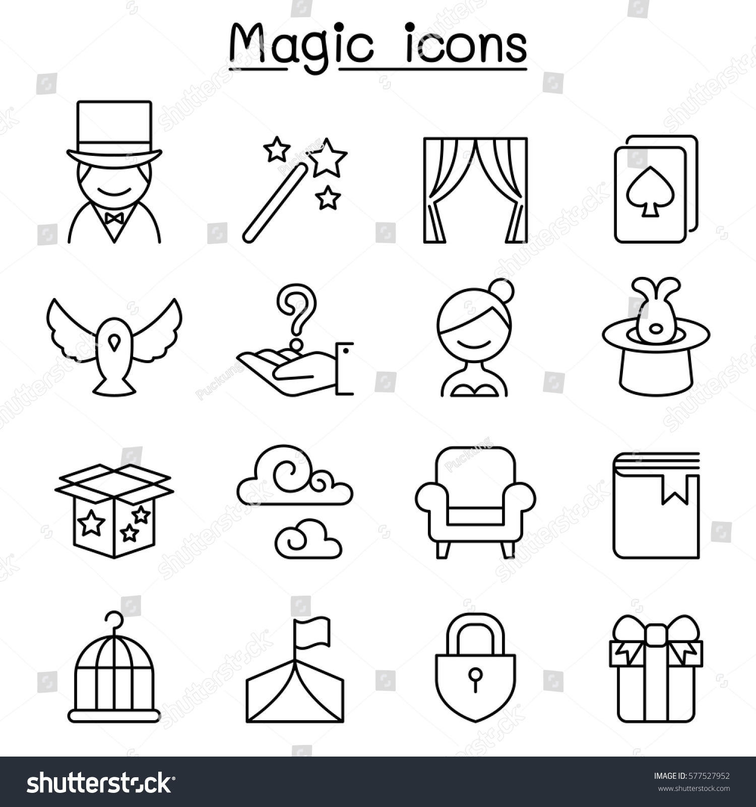 Magic icon set in thin line style - Royalty Free Stock Vector 577527952 ...