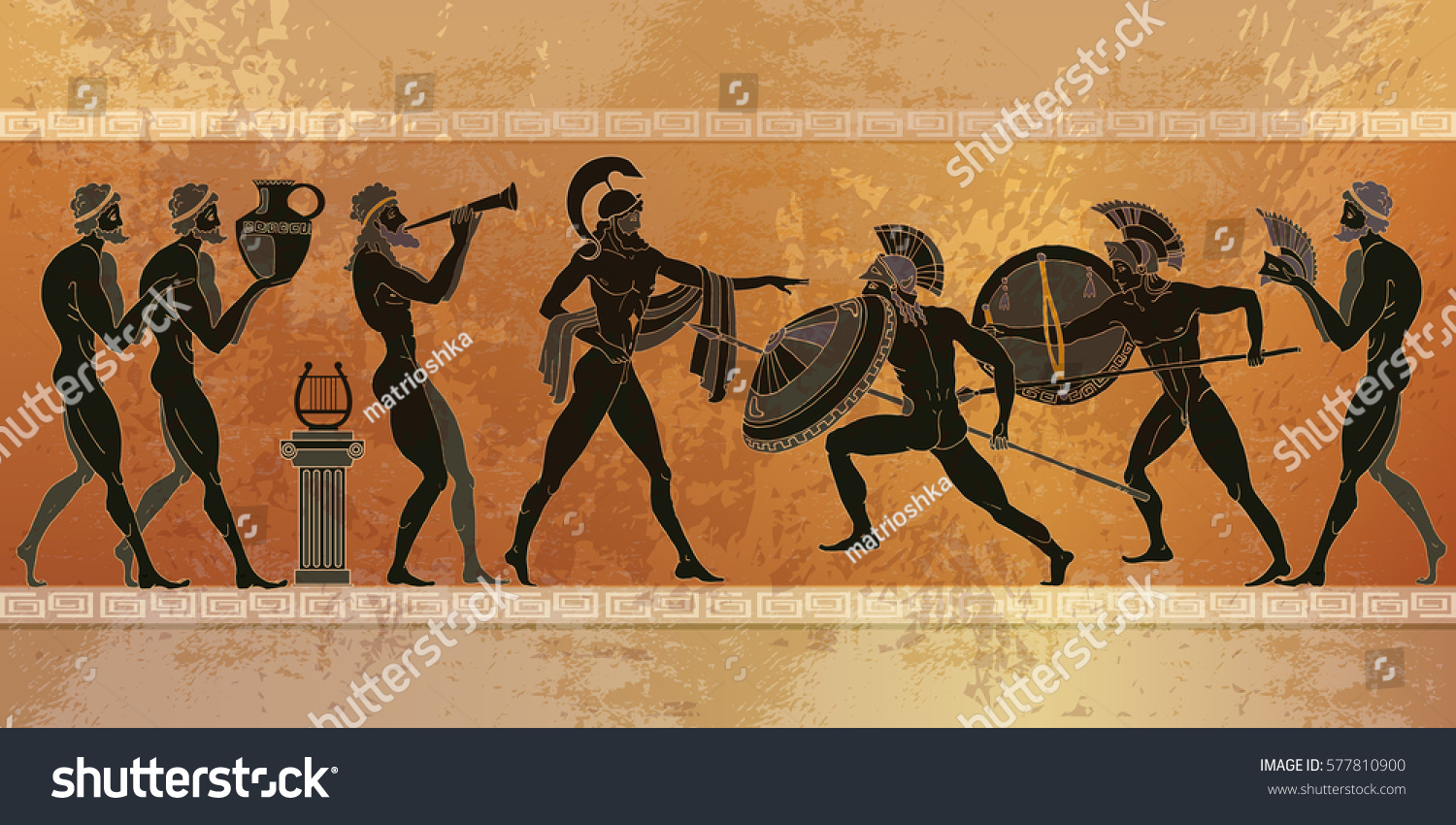 Ancient Greece scene. Black figure pottery. Ancient Greek mythology. Warriors Sparta people, gods