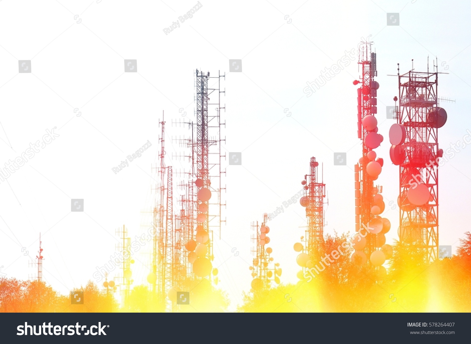 Telecommunication tower Antenna with fire and flames effects. Information concept. #578264407