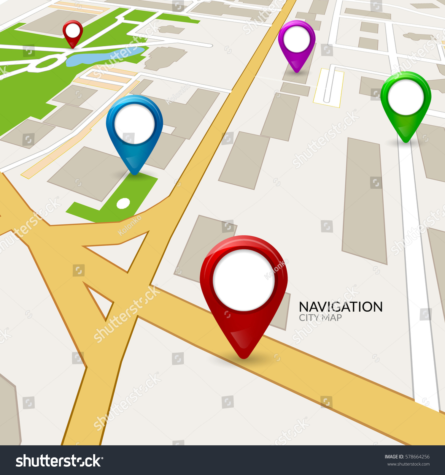 Vector gps map city. Street road navigation. GPS pin on map. Route direction illustration. City cartography #578664256