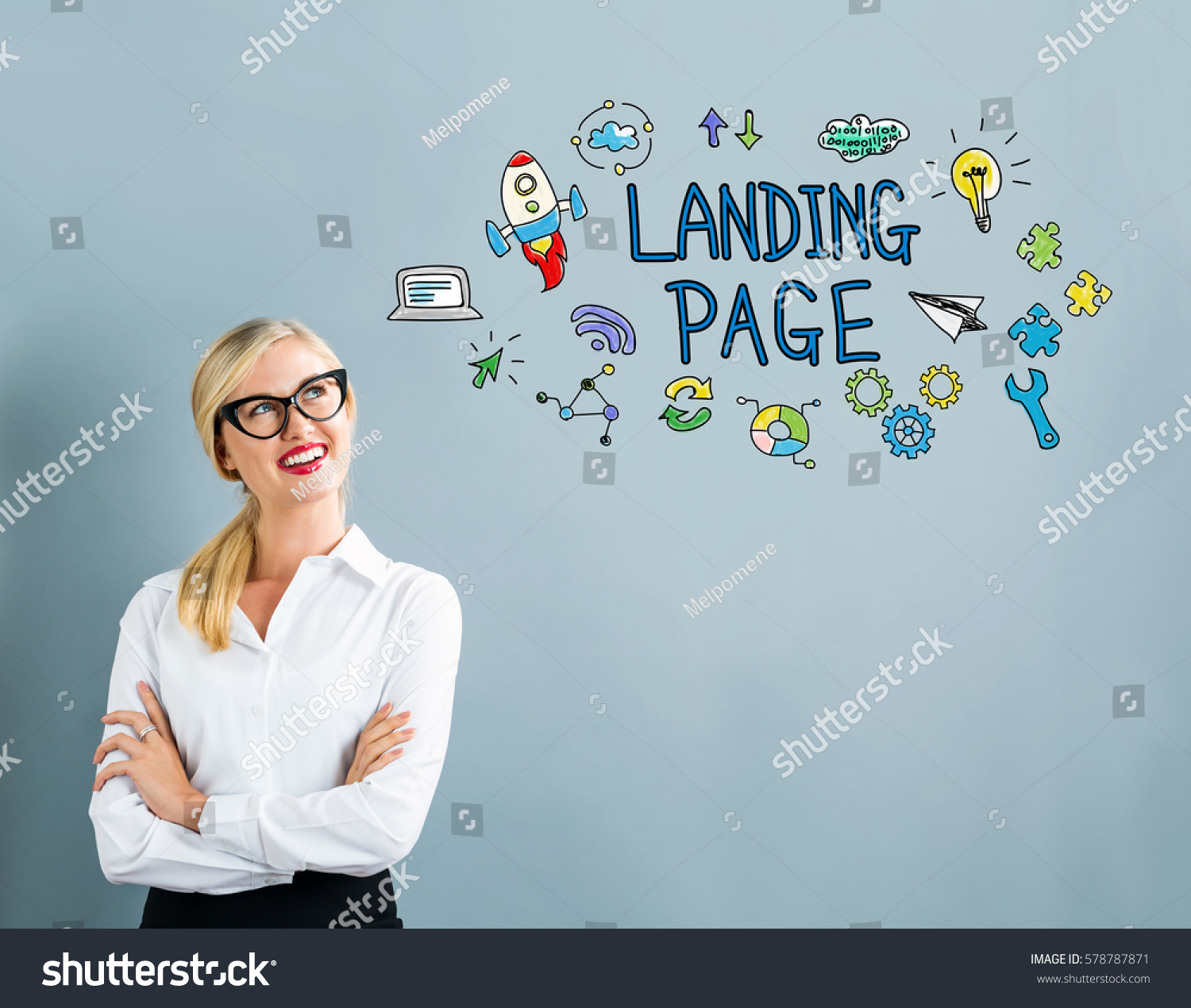 Landing Page text with business woman on a gray background #578787871