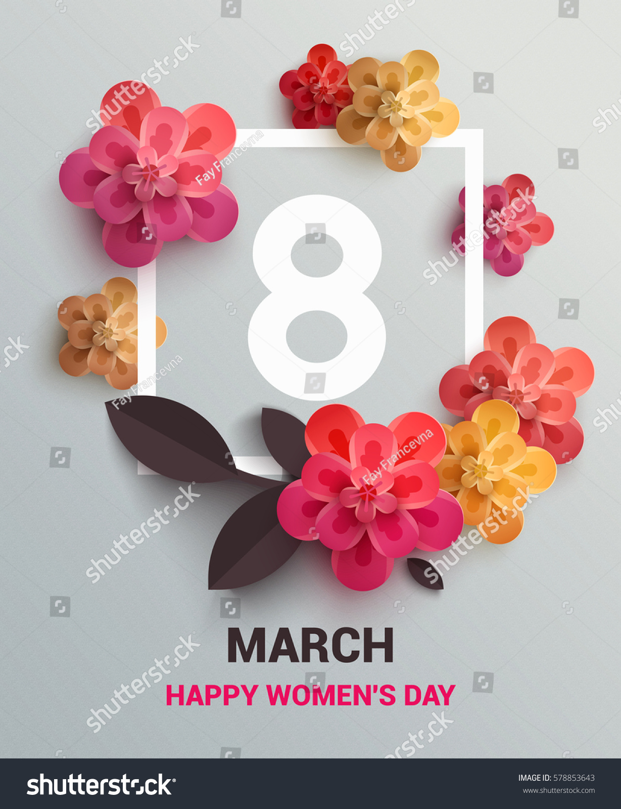 Postcard to March 8, with paper flowers. Illustration can be used in the newsletter, brochures, postcards, tickets, advertisements, banners. Congratulations to the Women's Day. #578853643
