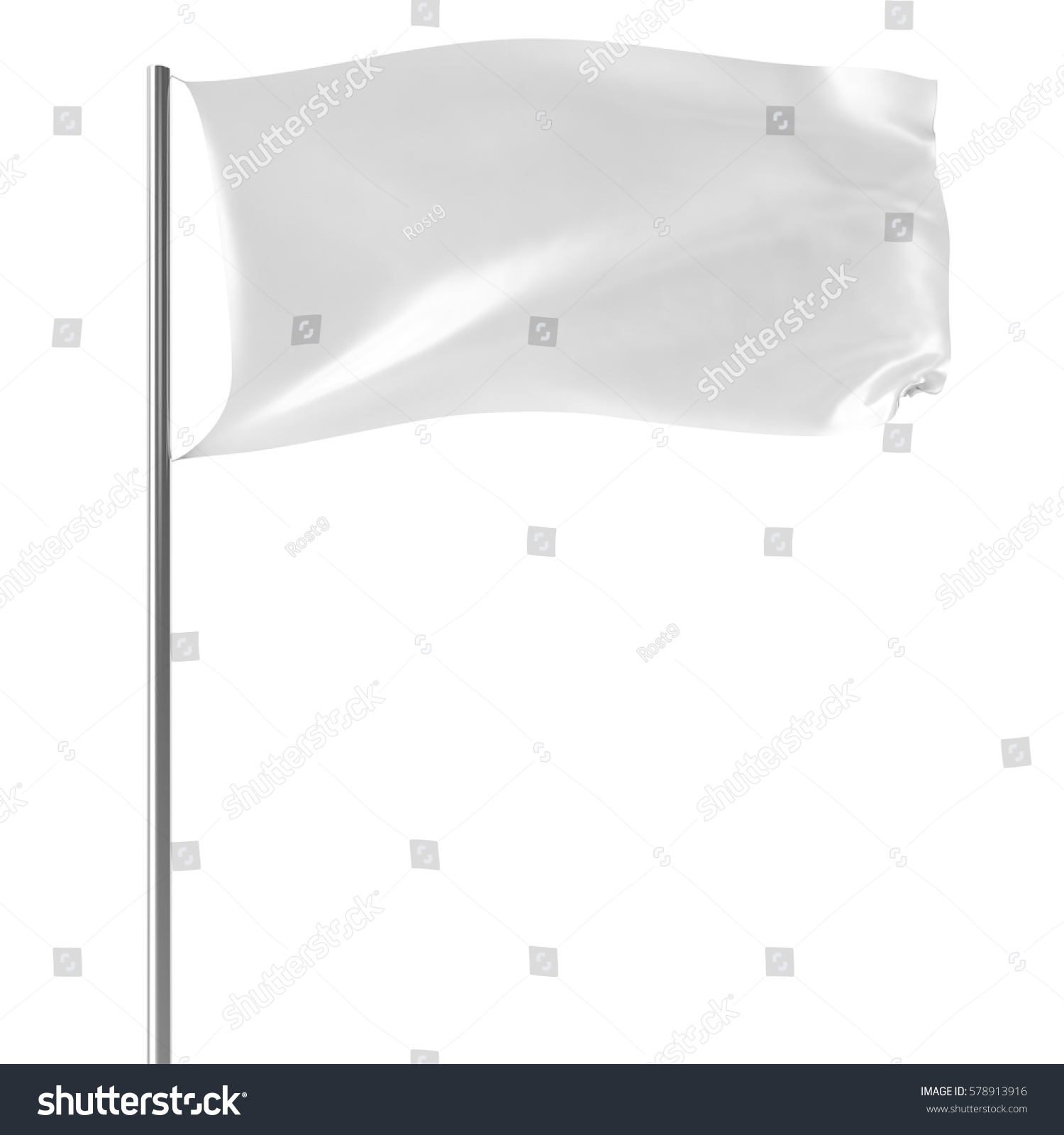 White flag on flagpole flying in the wind empty mock-up, flag isolated on white background. Blank Mock-up for your design projects, 3d rendering #578913916