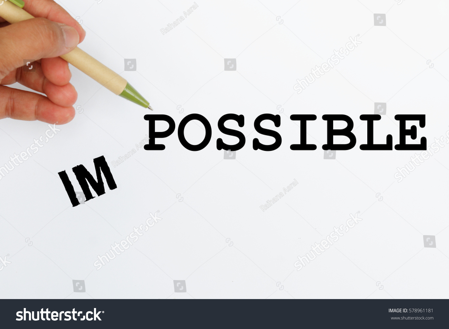 I and M falling to the left side leaving the word POSSIBLE, changing Impossible to Possible. Concept of possibility, confidence, positive, determination.  #578961181