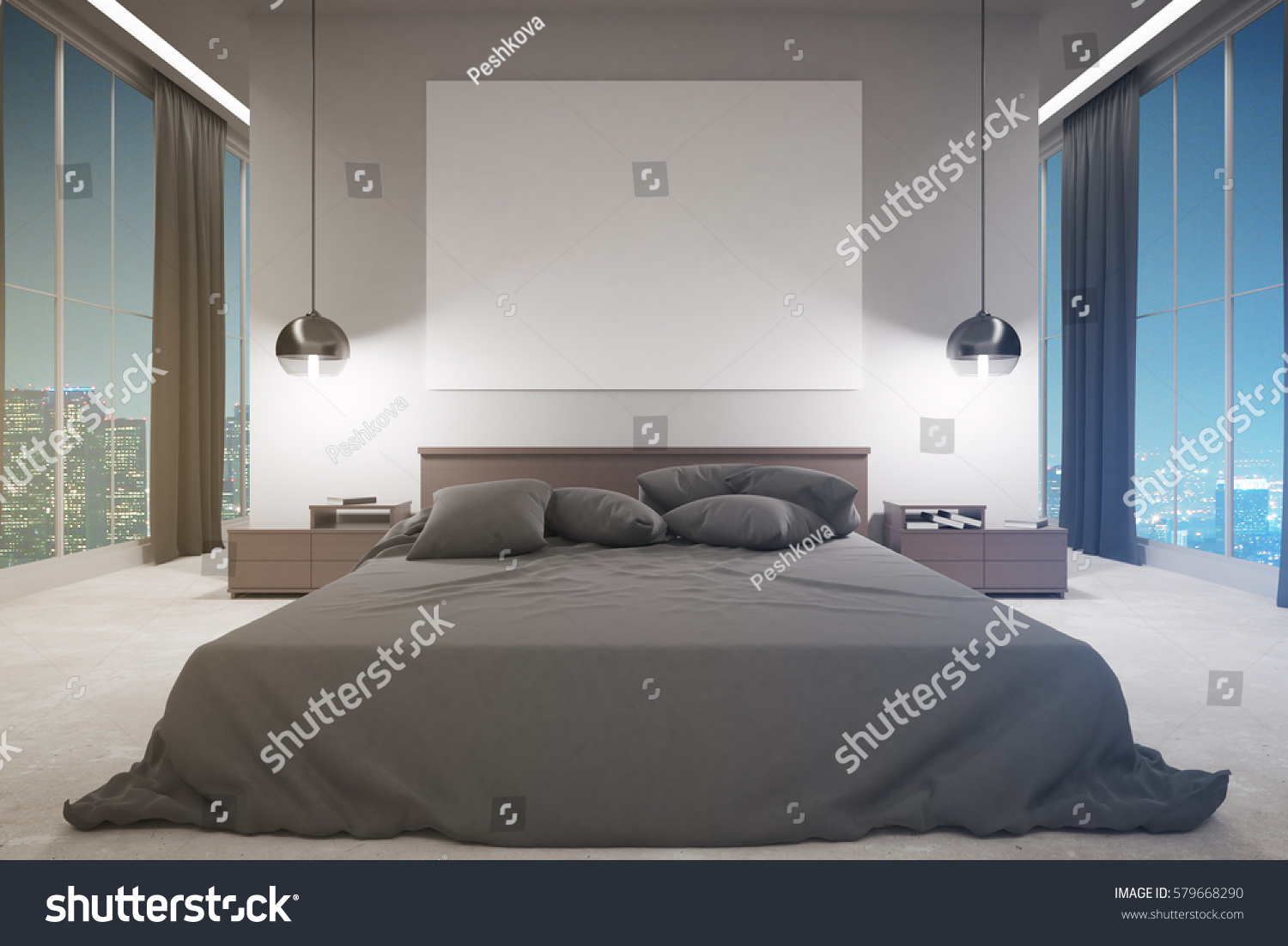 Front view of contemporary bedroom interior with furniture, blank whiteboard and night city view. Mock up, 3D Rendering #579668290