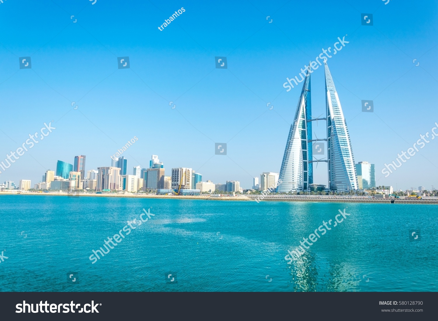 Skyline of Manama dominated by the World trade Center building, Bahrain. #580128790