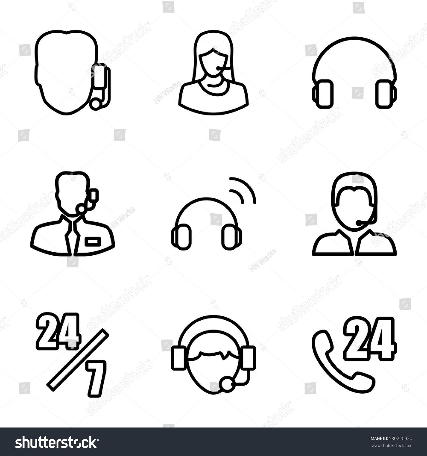 operator vector icons. Set of 9 operator outline icons such as customer support, headset, operator #580220920