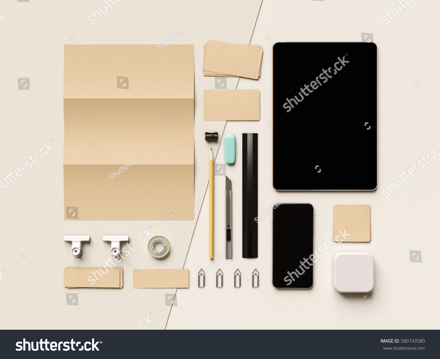 Corporate Identity. Branding Mock Up. Office supplies, Gadgets. 3D illustration. High quality #580743580