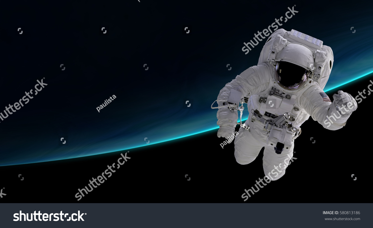 astronaut orbiting the blue planet, 3d illustration - elements of this image furnished by NASA #580813186