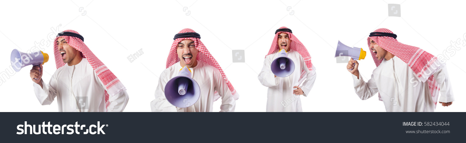 Arab businessman with bullhorn isolated on white #582434044