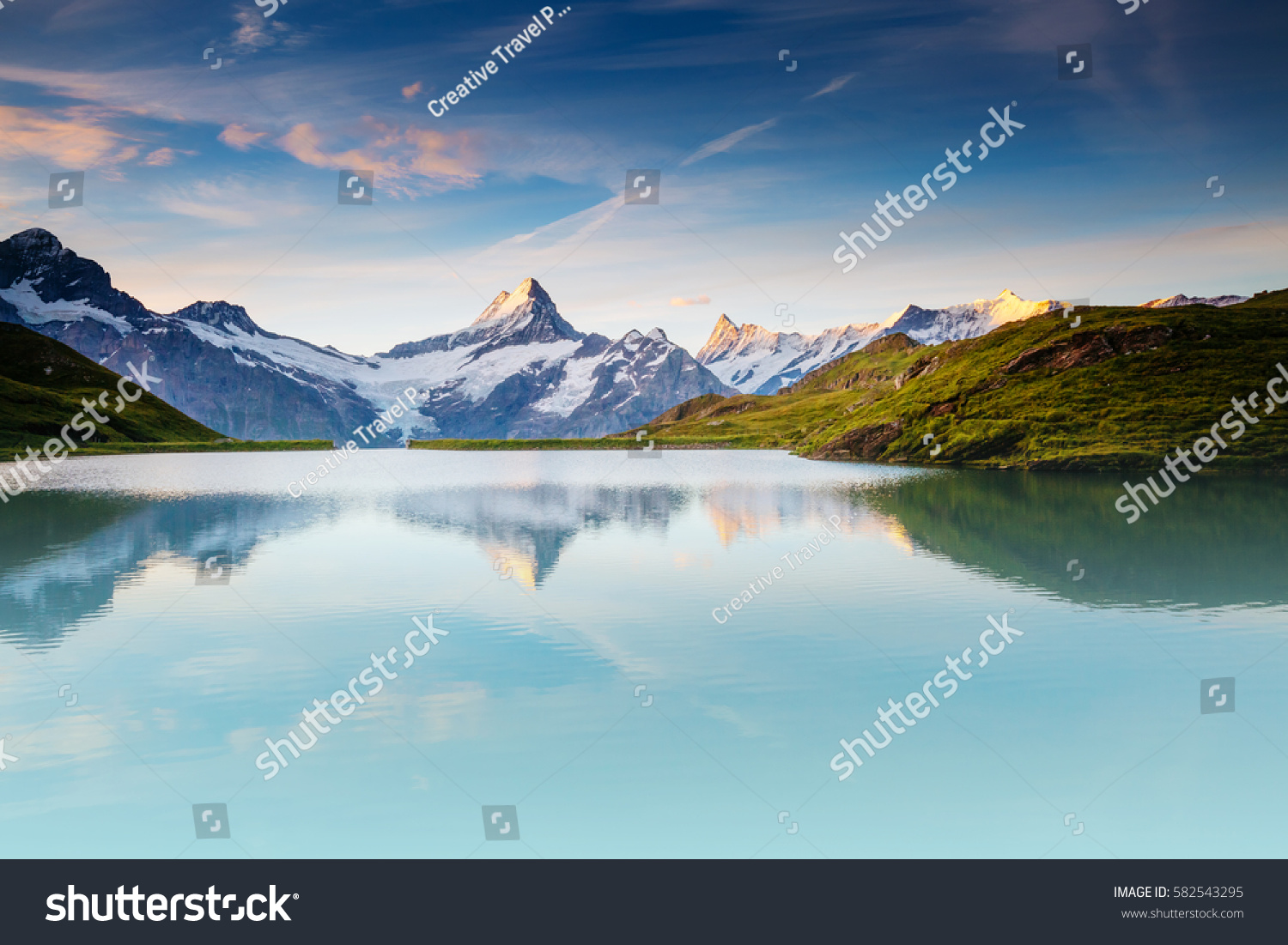 Great view of the snow rocky massif. Popular tourist attraction. Dramatic and picturesque scene. Location place Bachalpsee in Swiss alps, Grindelwald valley, Bernese Oberland, Europe. Beauty world. #582543295