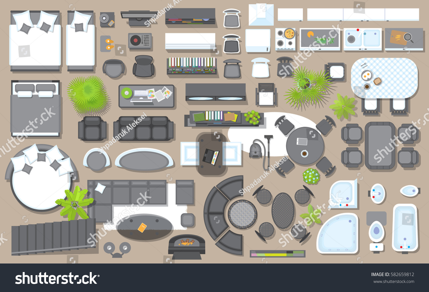 Icons set of interior (top view). Isolated Vector Illustration. Furniture and elements for living room, bedroom, kitchen, bathroom. Floor plan (view from above). Furniture store. #582659812