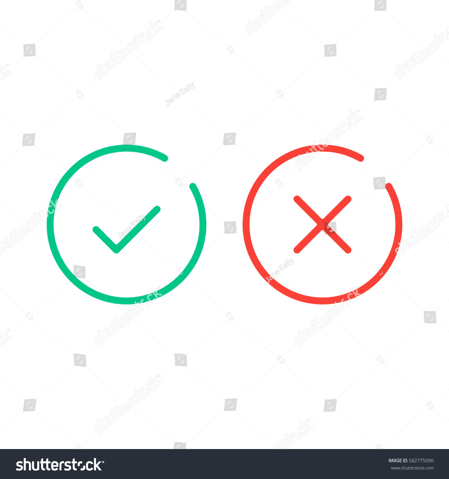 Thin line check mark icons. Green tick and red cross checkmarks flat line icons set. Vector illustration isolated on white background #582775090