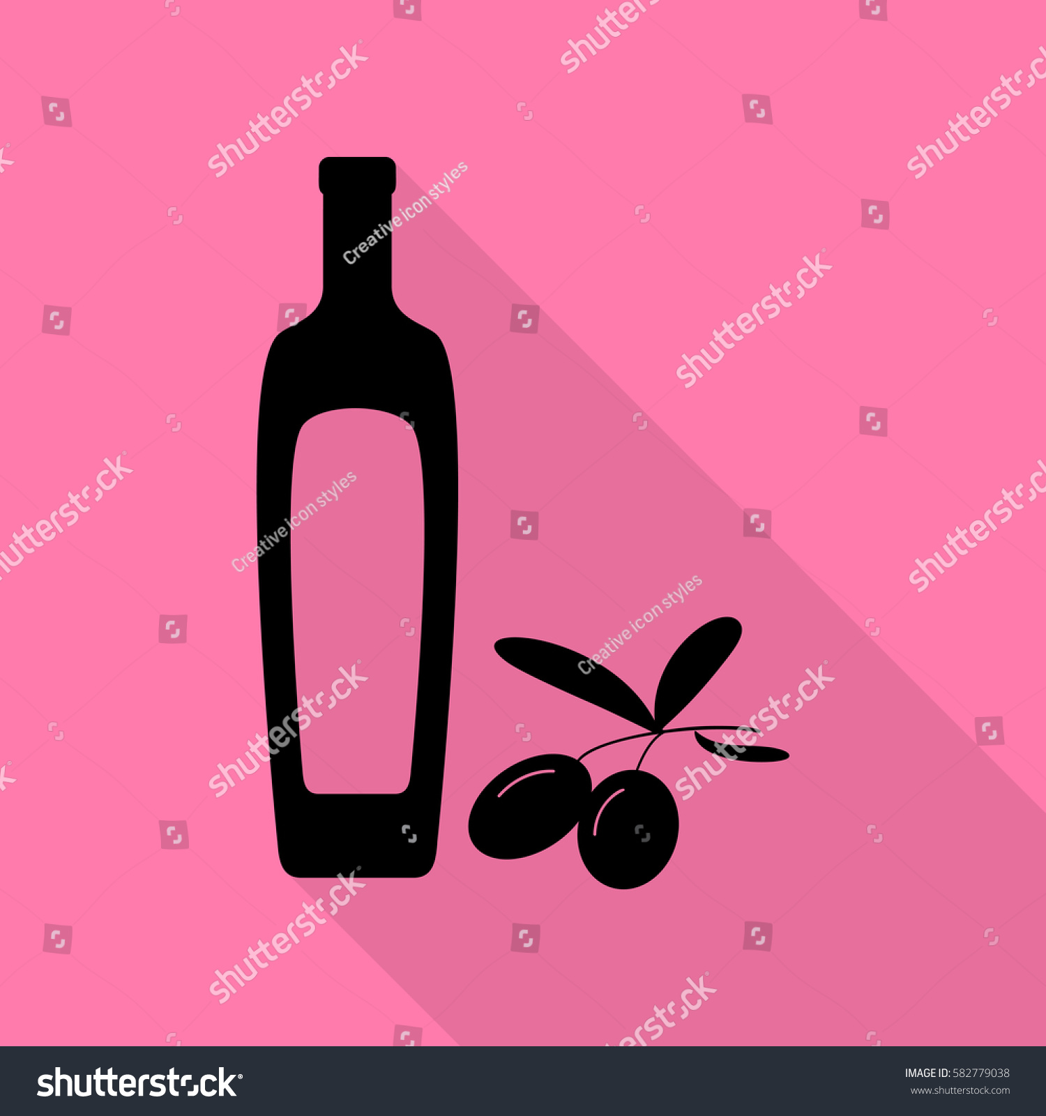 Black olives branch with olive oil bottle sign. Black icon with flat style shadow path on pink background. #582779038