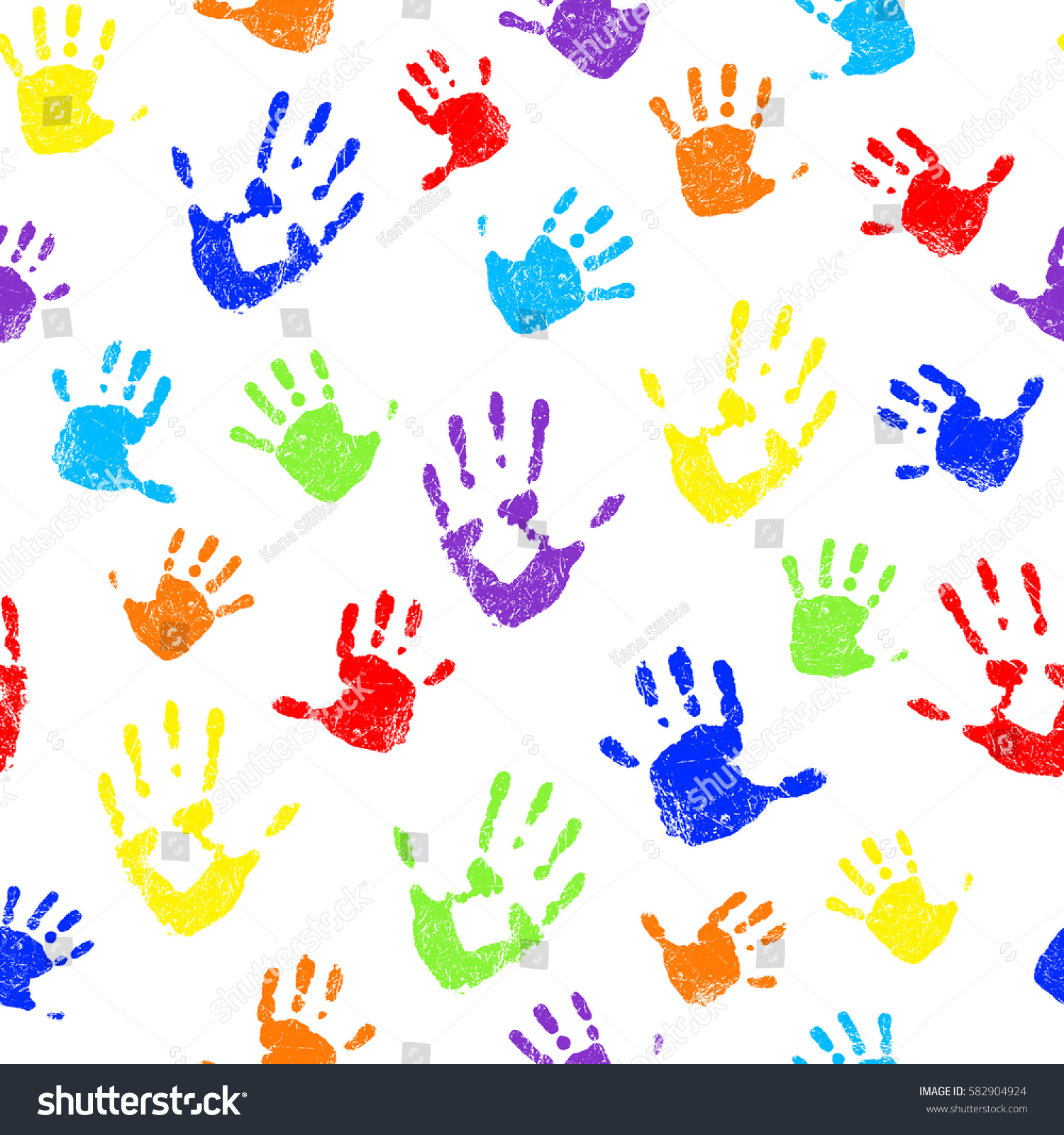 Seamless pattern with rainbow colored family hand prints on white background. Vector illustration. #582904924