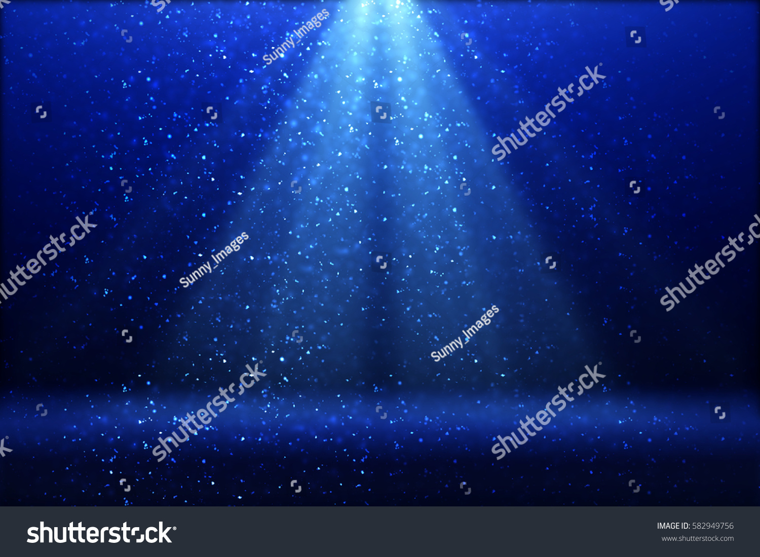Stage light and blue glitter lights on floor. Abstract background for display your product. Spotlight realistic ray #582949756