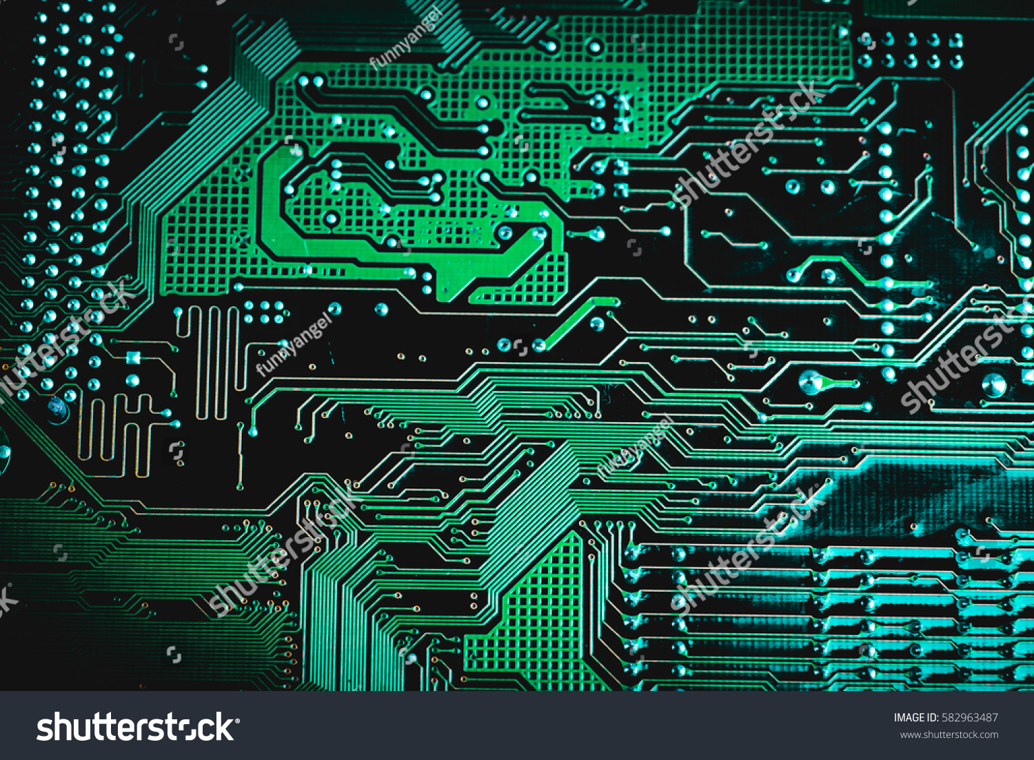 Circuit board. Electronic computer hardware technology. Motherboard digital chip. Tech science background. Integrated communication processor. Information engineering component. Blue, green color. #582963487