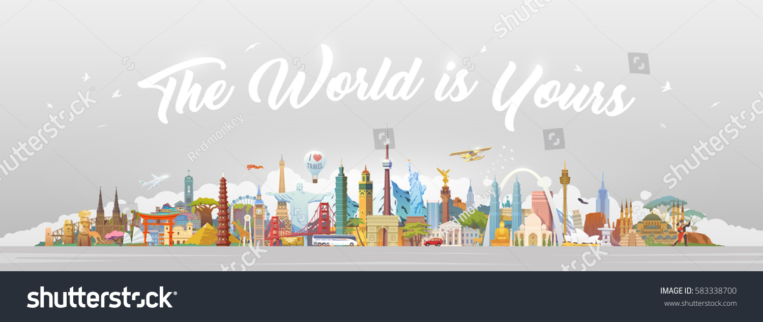 Travel to World. Road trip. Big set of famous landmarks of the world. Concept website template. Vector illustration. Web banner. Modern flat design. #3 #583338700