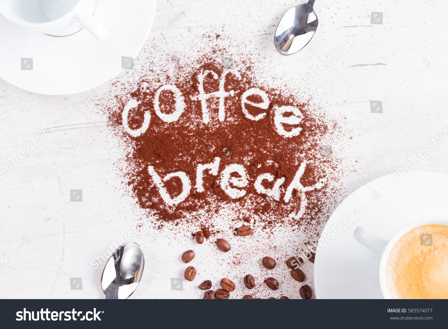 coffee break concept - cups of espresso, spoons and coffee break lettering #583574077