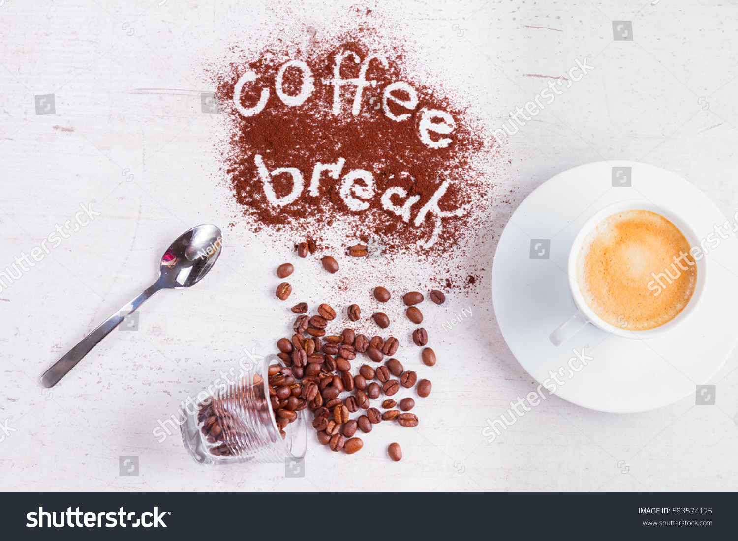 coffee break concept - cup of espresso, spoon and coffee break lettering #583574125