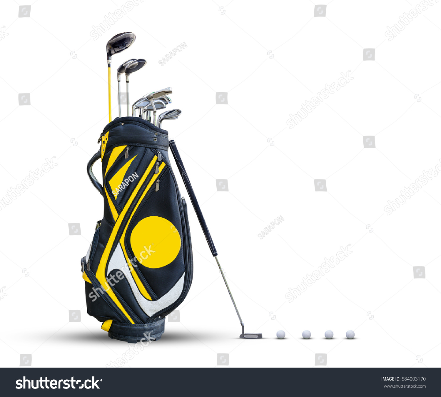 Golf equipment golf ball and golf bag isolated on white background. #584003170