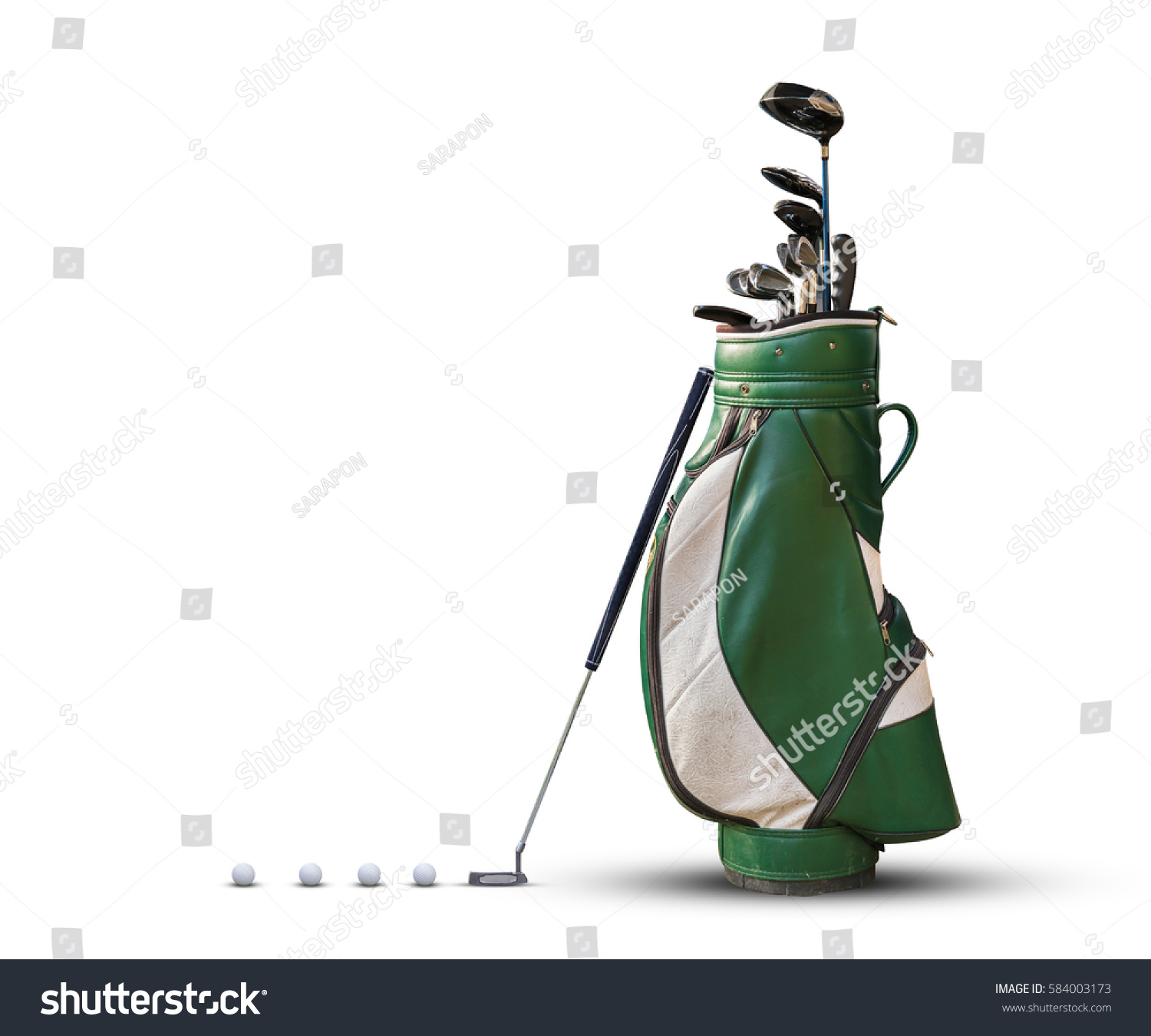 Golf equipment golf ball and golf bag isolated on white background. #584003173