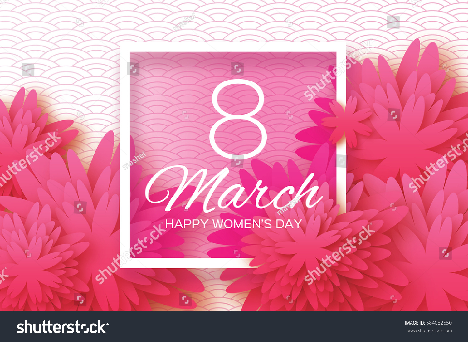 Pink Paper Cut flower. 8 March. Women's Day Greeting card. Origami Floral bouquet. Rectangle frame. Space for text.Happy Mother's Day. Circle background. Vector Spring illustration #584082550