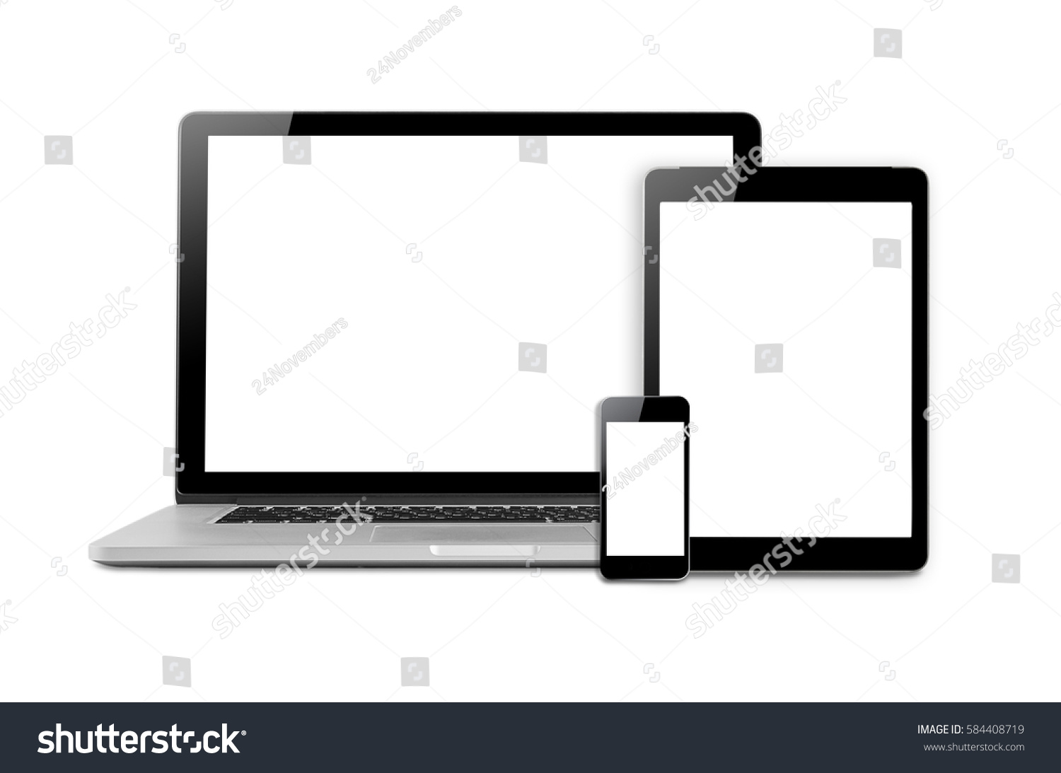 Laptops, tablets and mobile phones. Mock up image of electronic gadgets isolated on white background. #584408719
