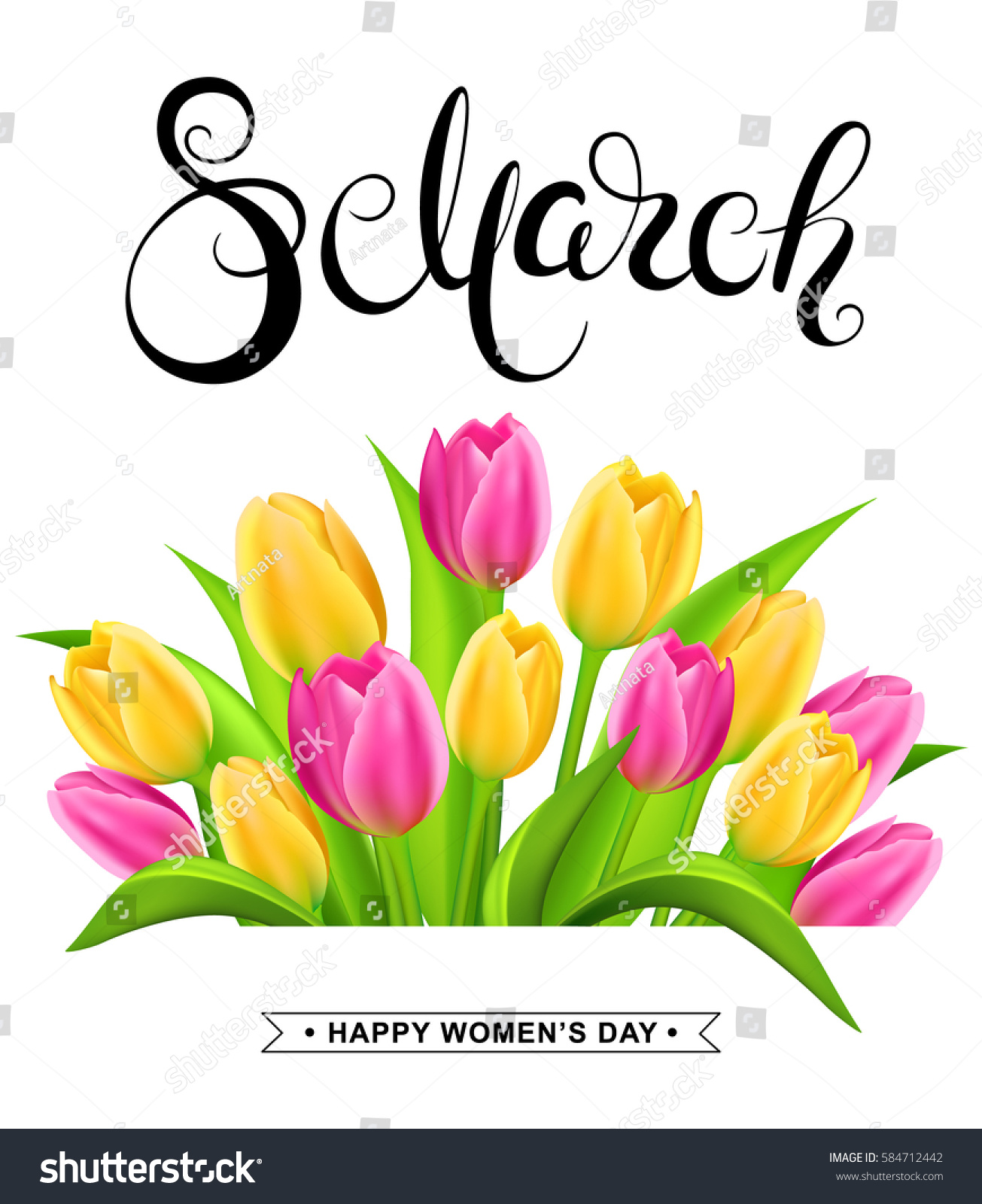 8 march banner with handwritten calligraphy lettering and tulips bouquet. Happy women's day card.  Vector illustration. #584712442