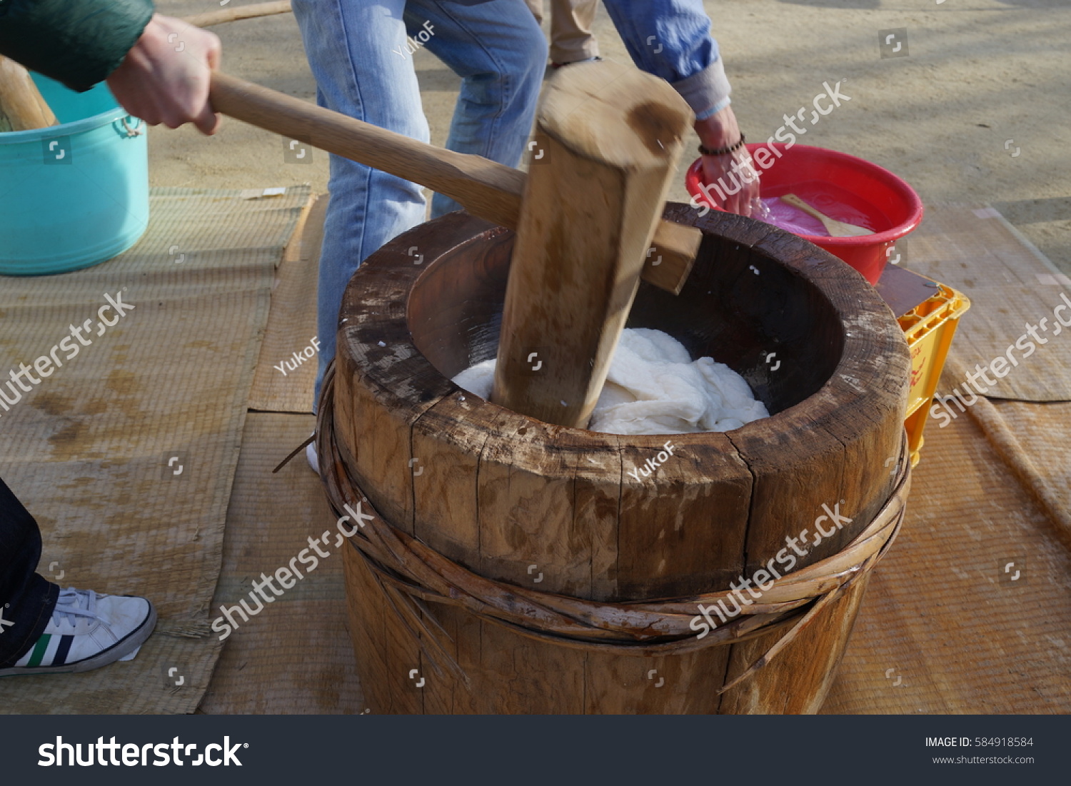 Japanese traditional celebration 'Mochi-tsuki' mochi pounding  sticky rice #584918584