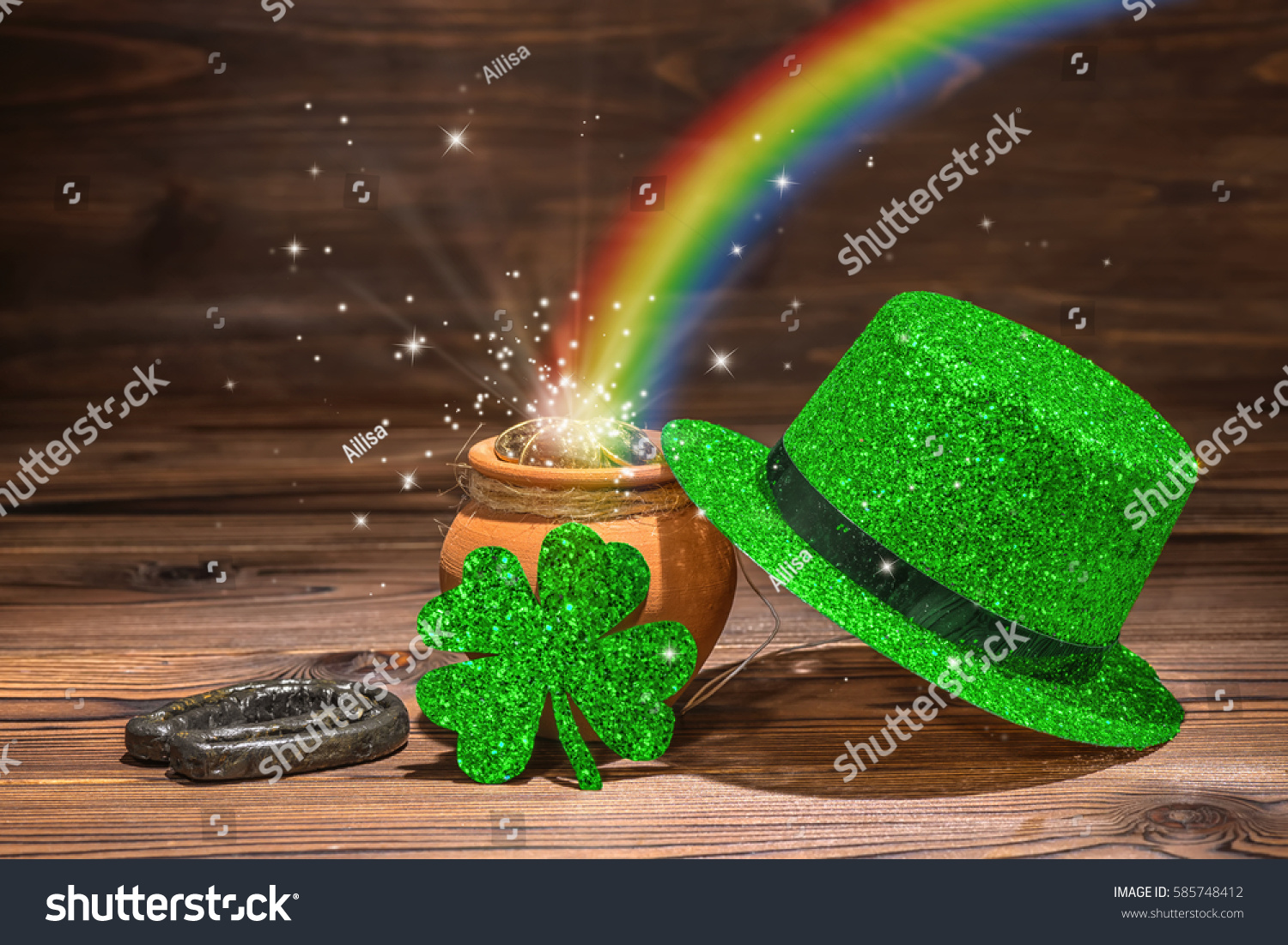 St Patricks day decoration with magic light rainbow pot full gold coins, horseshoe, green hat and shamrock on vintage wooden background, close up #585748412