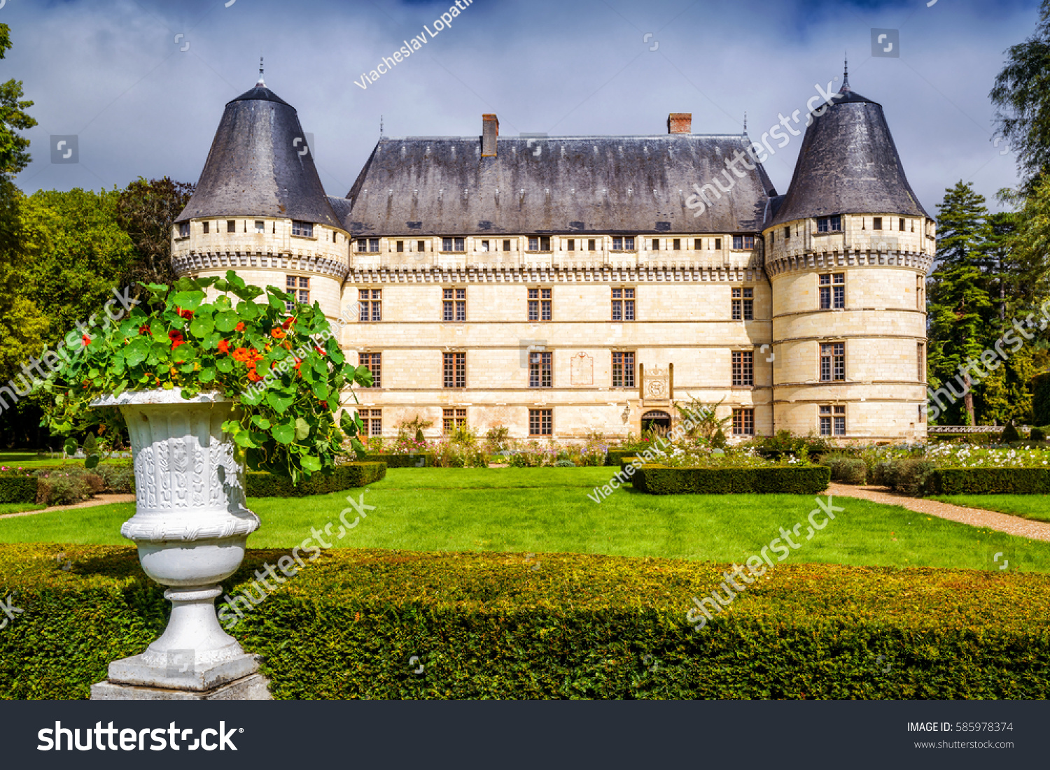 Chateau de l'Islette, France. This Renaissance castle is one of the main landmarks in the Loire Valley. Scenic view of the French castle in summer. Panorama of the old castle with beautiful garden. #585978374