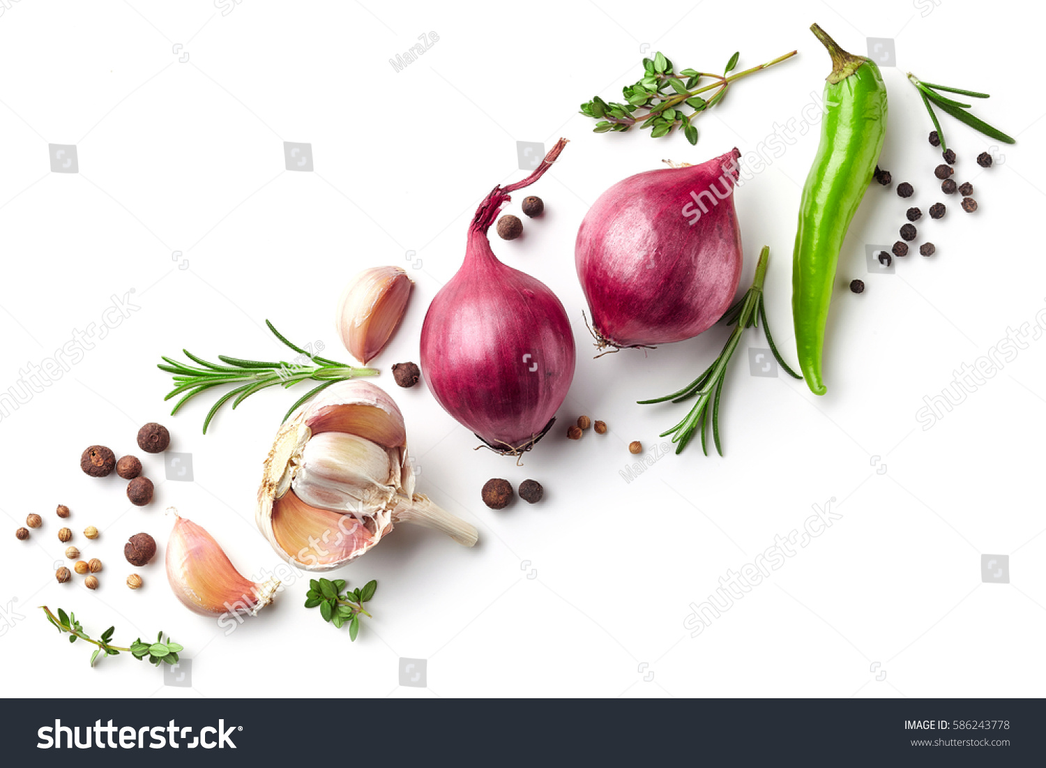 Diagonal composition of red onions, garlic and various spices isolated on white background, top view #586243778