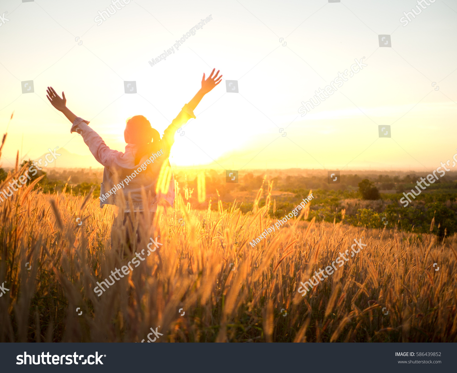 Beautiful Young Woman in a field. #586439852