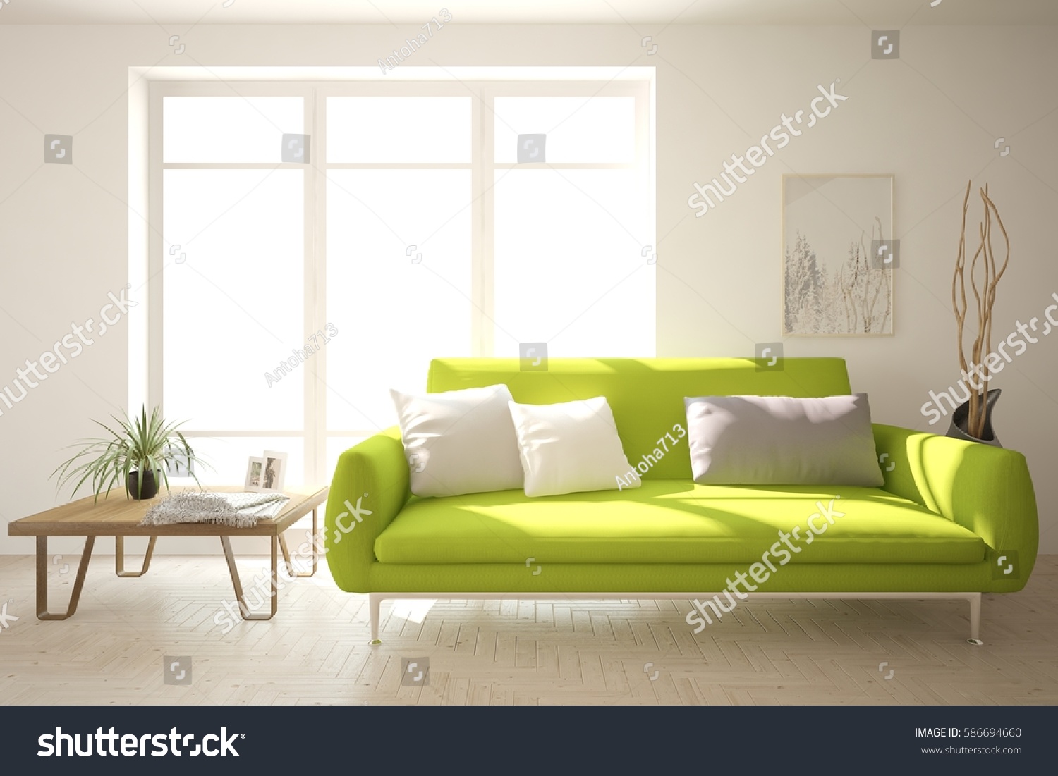 White room with sofa. Scandinavian interior design. 3D illustration #586694660