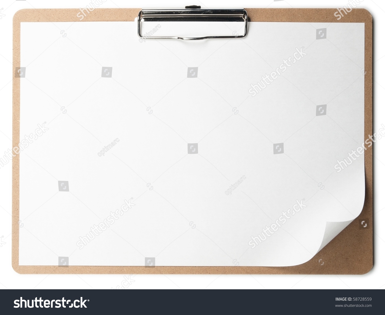 Horizontal clipboard with blank paper and curled corner. #58728559